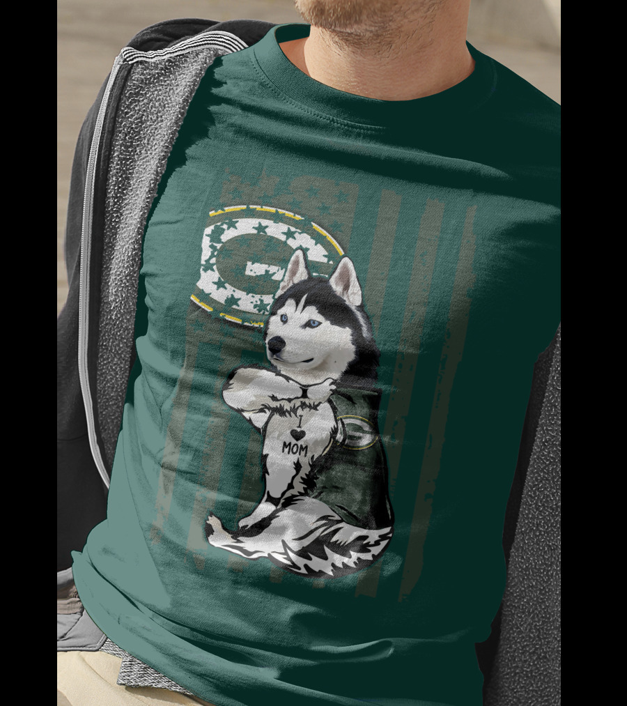 Siberian Husky Green Bay Packers Mom Fan With Heart Tattoo And Team T-Shirt