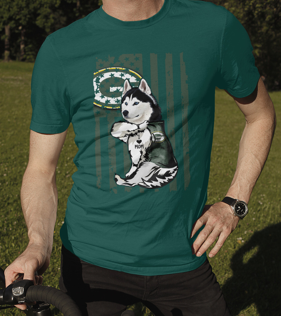 Siberian Husky Green Bay Packers Mom Fan With Heart Tattoo And Team T-Shirt