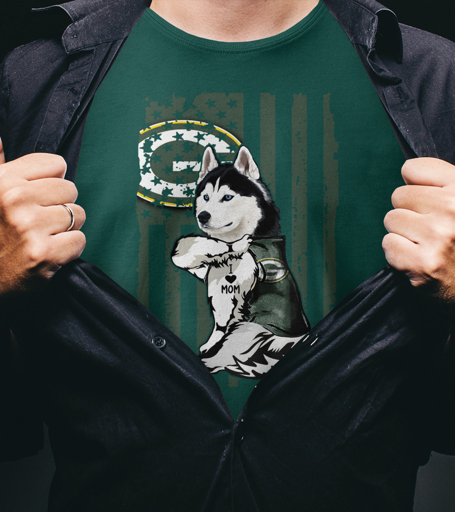 Siberian Husky Green Bay Packers Mom Fan With Heart Tattoo And Team T-Shirt