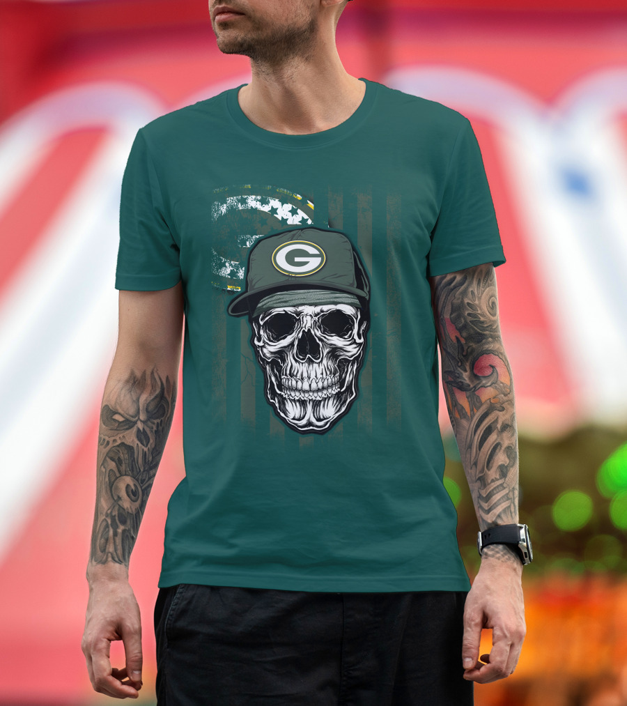 Skull Wearing Green Bay Packers Cap on Flag Background T-Shirt