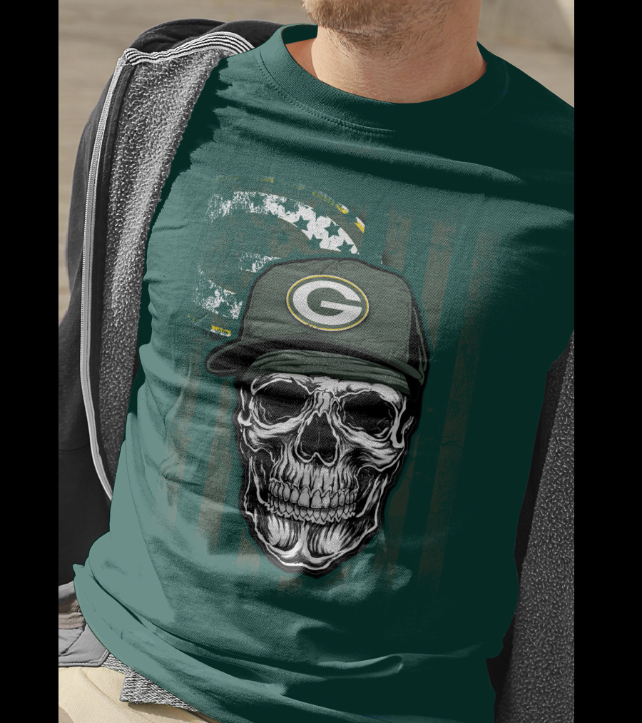 Skull Wearing Green Bay Packers Cap On Flag Background T-Shirt