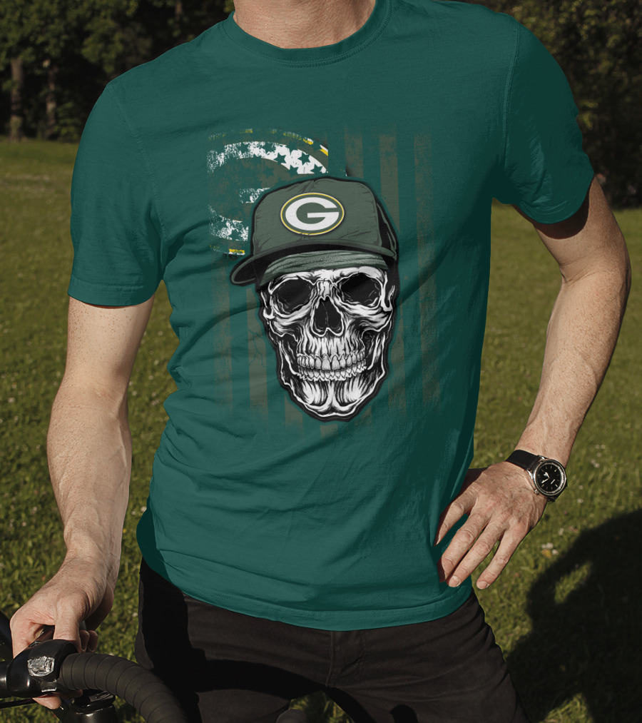 Skull Wearing Green Bay Packers Cap On Flag Background T-Shirt