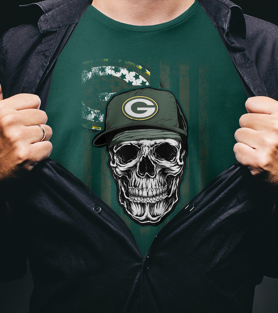 Skull Wearing Green Bay Packers Cap On Flag Background T-Shirt