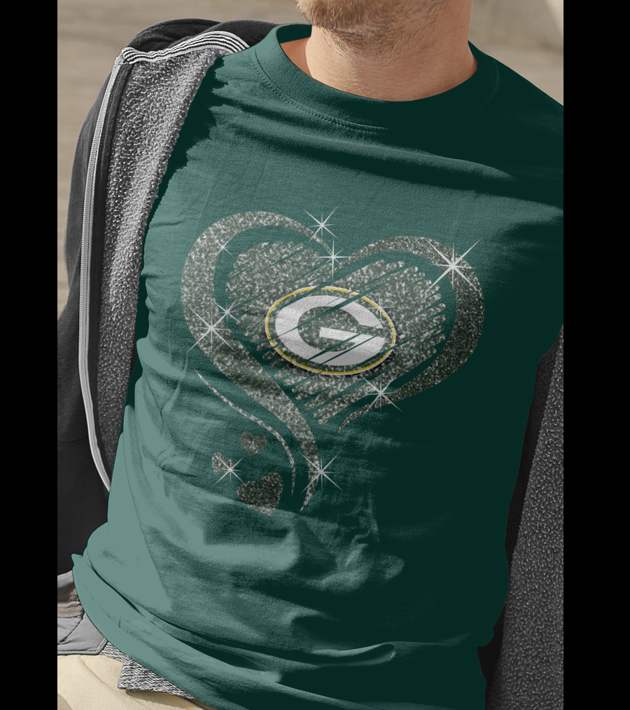 Green Bay Packers Heart Diamond Sparkle T-Shirt