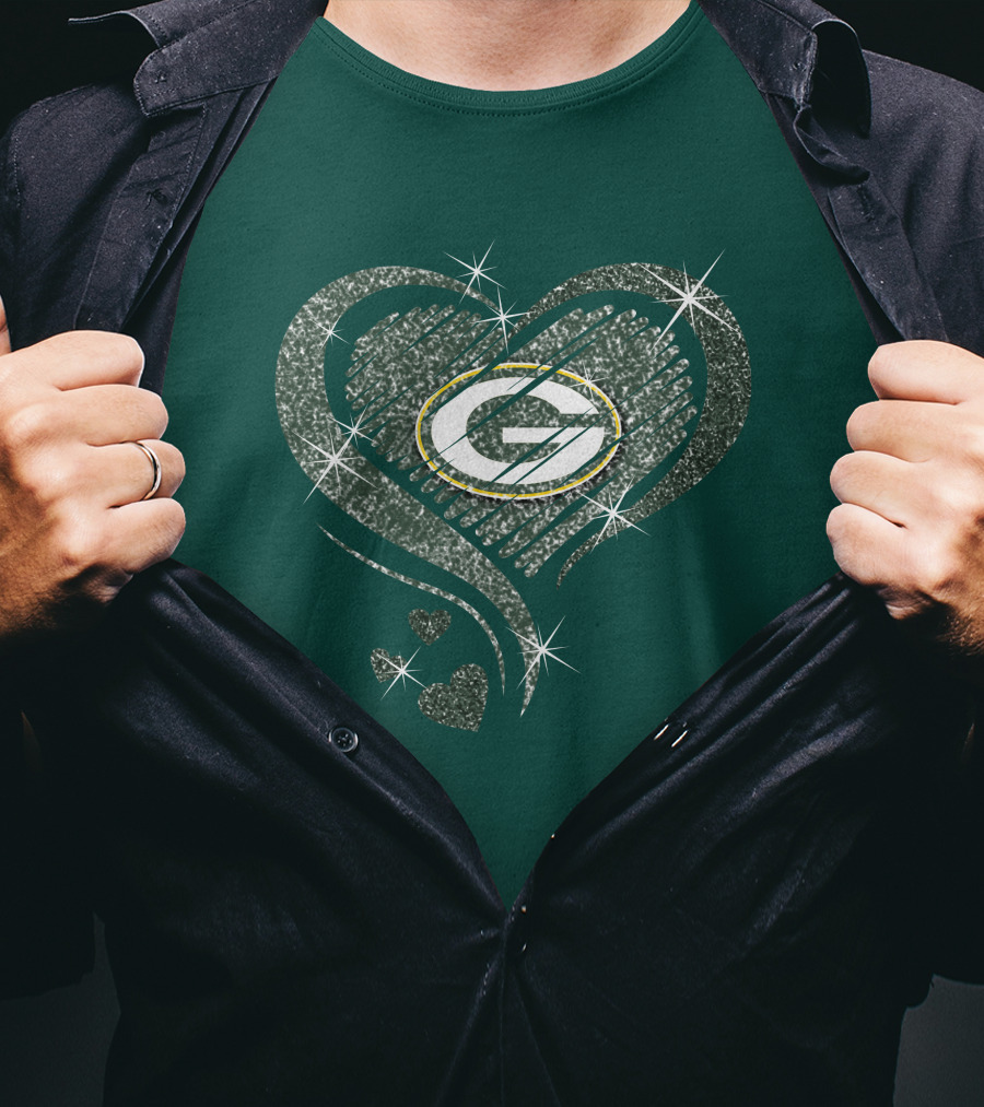 Green Bay Packers Heart Diamond Sparkle T-Shirt