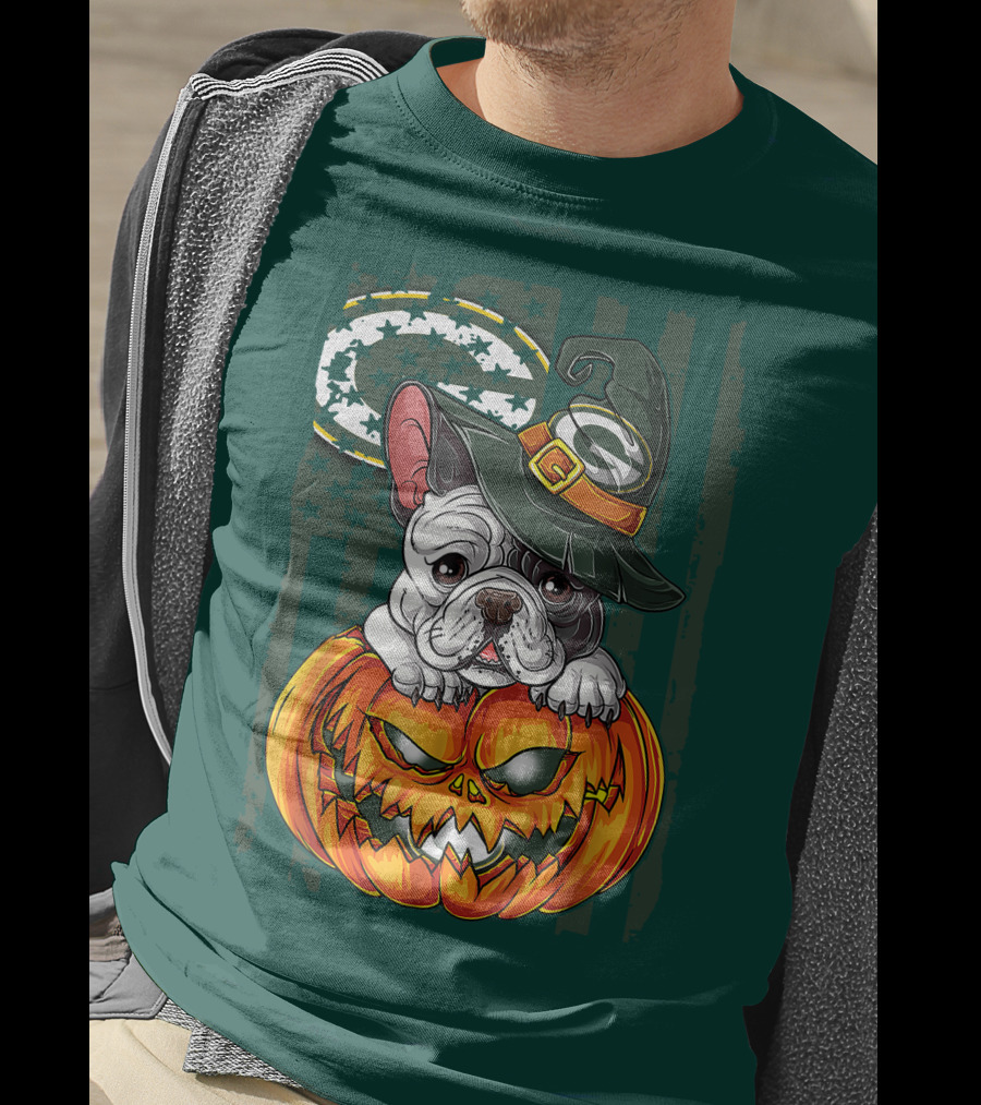 Hlw Bulldog Halloween Witch Green Bay Packers Pumpkin T-Shirt