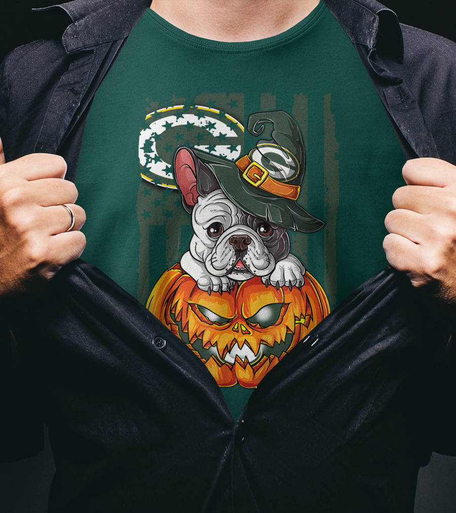 Hlw Bulldog Halloween Witch Green Bay Packers Pumpkin T-Shirt