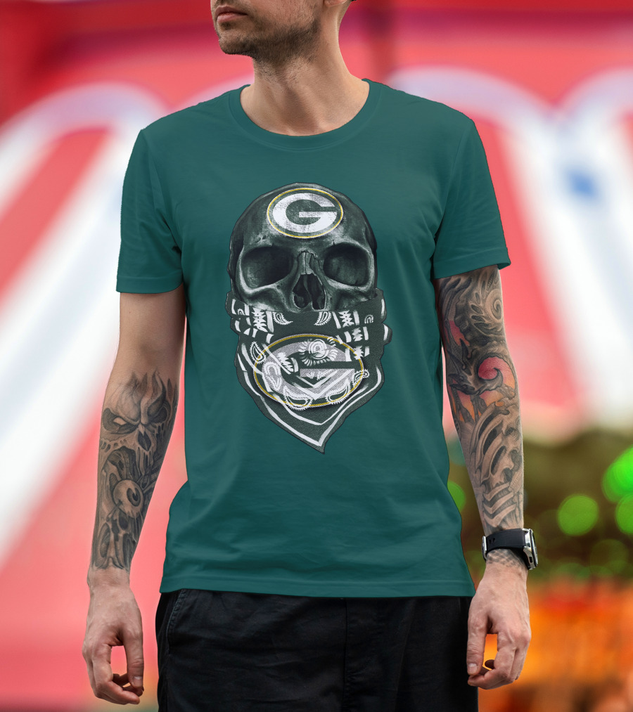 Skull Wearing Green Bay Packers Bandana T-Shirt