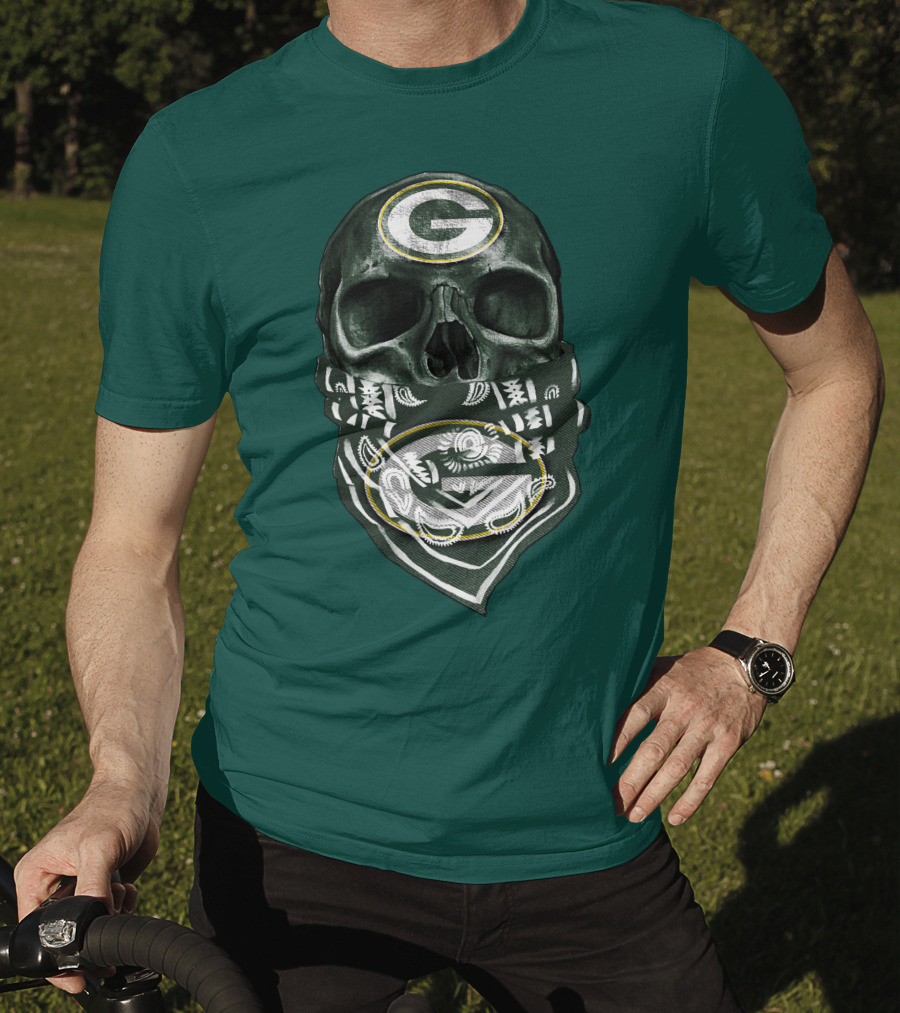 Skull Wearing Green Bay Packers Bandana T-Shirt