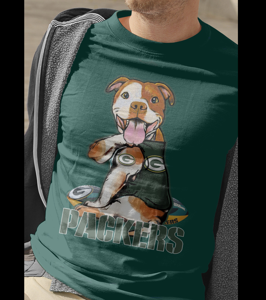 Pitbull Dog In Green Bay Packers Jersey With Football T-Shirt