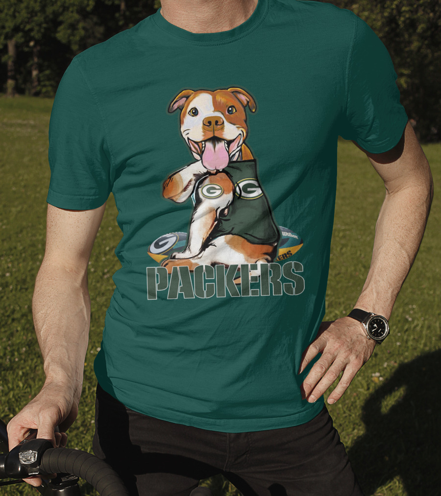 Pitbull Dog In Green Bay Packers Jersey With Football T-Shirt