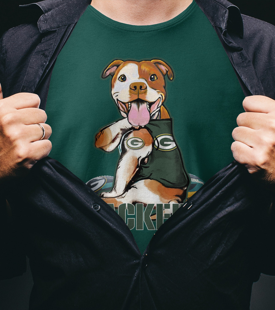 Pitbull Dog In Green Bay Packers Jersey With Football T-Shirt