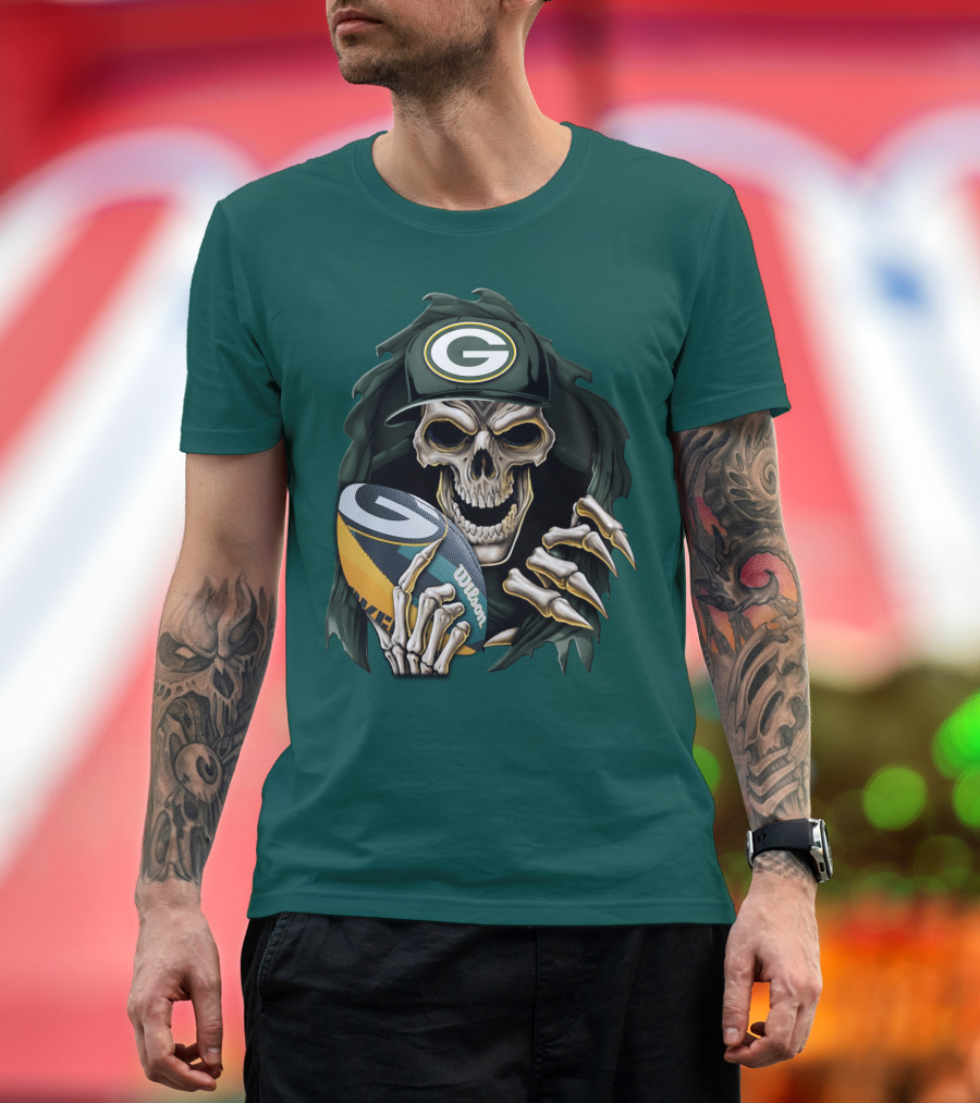 Skull With Green Bay Packers Cap Holding Football On Dark Green T-Shirt