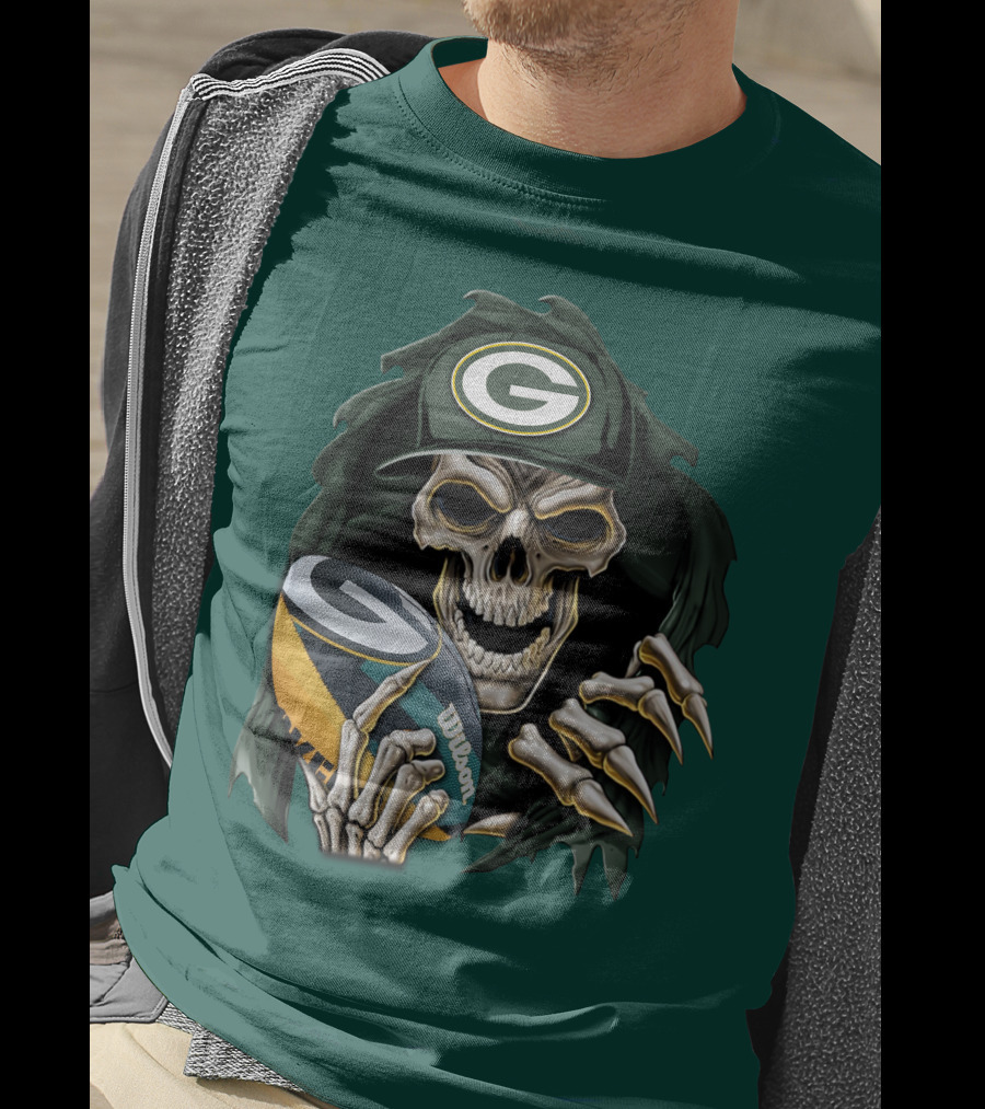 Skull With Green Bay Packers Cap Holding Football On Dark Green T-Shirt