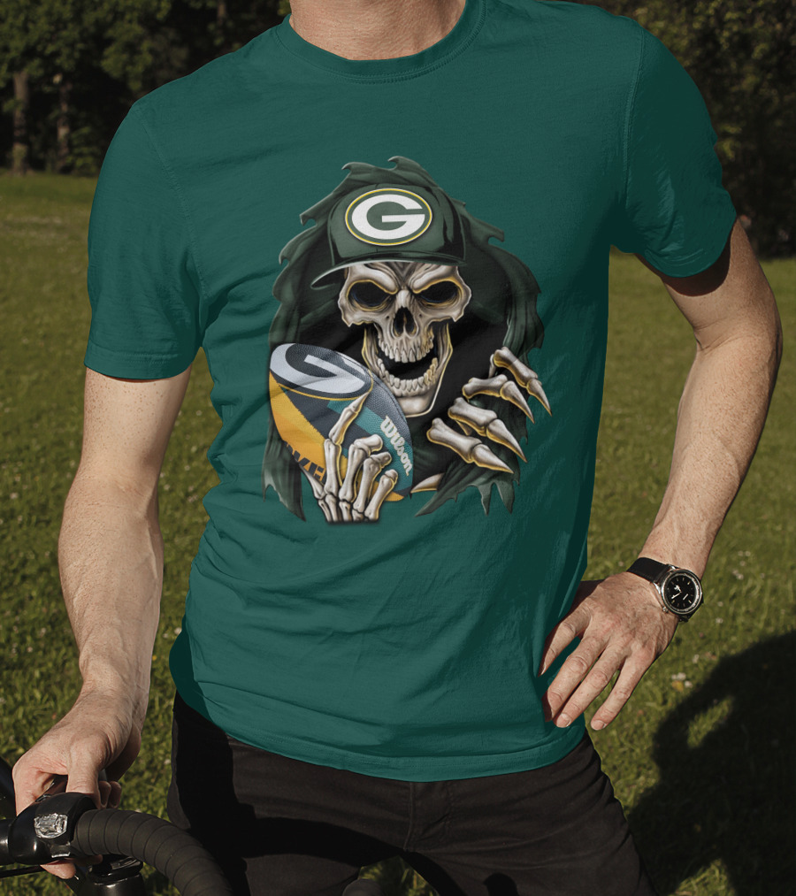 Skull With Green Bay Packers Cap Holding Football On Dark Green T-Shirt