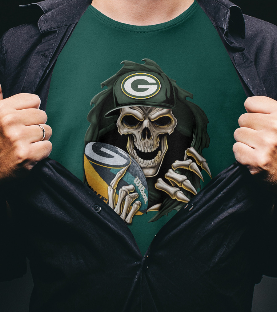 Skull With Green Bay Packers Cap Holding Football On Dark Green T-Shirt