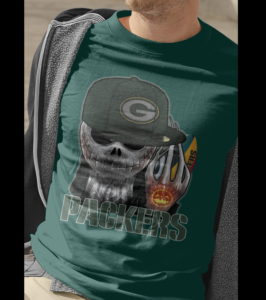 Jackskull Green Bay Packers Halloween Theme Packers Fan Skull T-Shirt