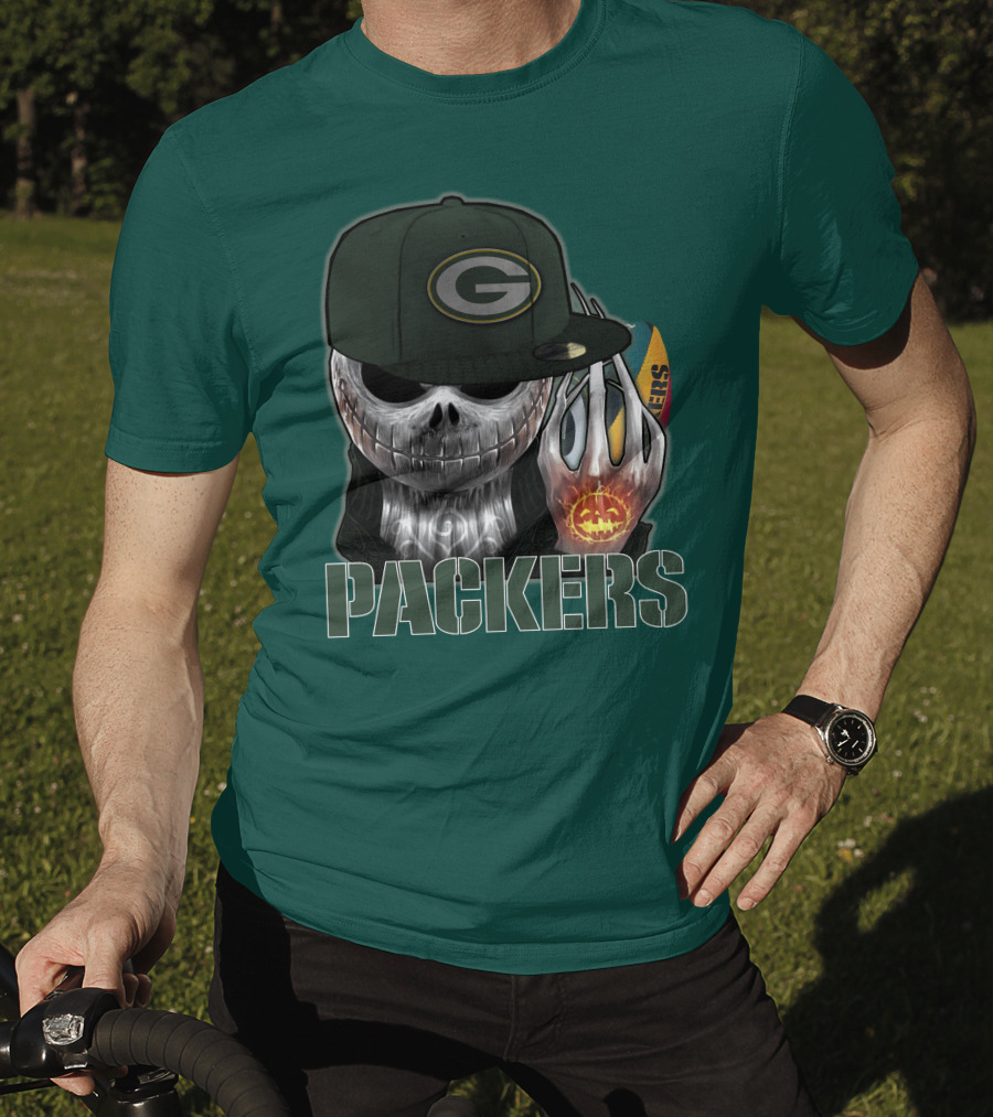 Jackskull Green Bay Packers Halloween Theme Packers Fan Skull T-Shirt