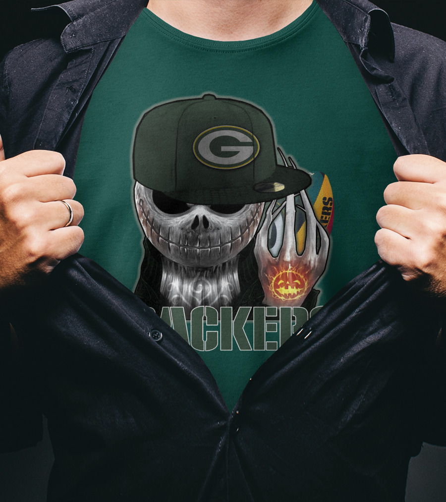 Jackskull Green Bay Packers Halloween Theme Packers Fan Skull T-Shirt