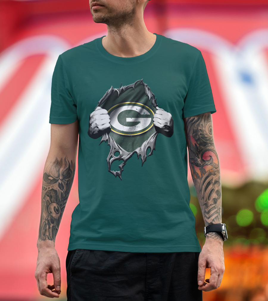 Torn Green Bay Packers Logo with Hands on Green Background T-Shirt