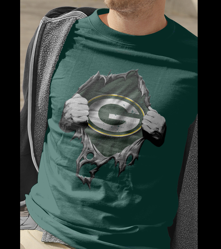 Torn Green Bay Packers Logo With Hands On Green Background T-Shirt