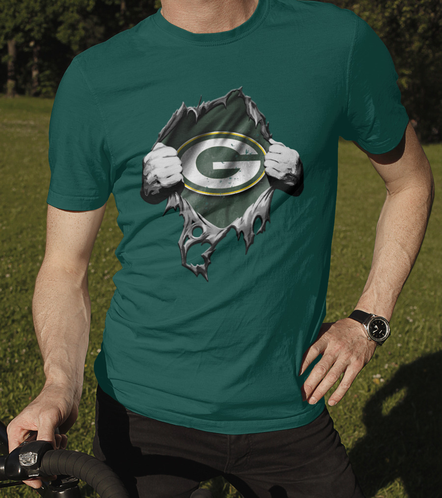 Torn Green Bay Packers Logo With Hands On Green Background T-Shirt
