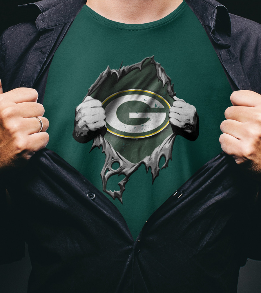 Torn Green Bay Packers Logo With Hands On Green Background T-Shirt