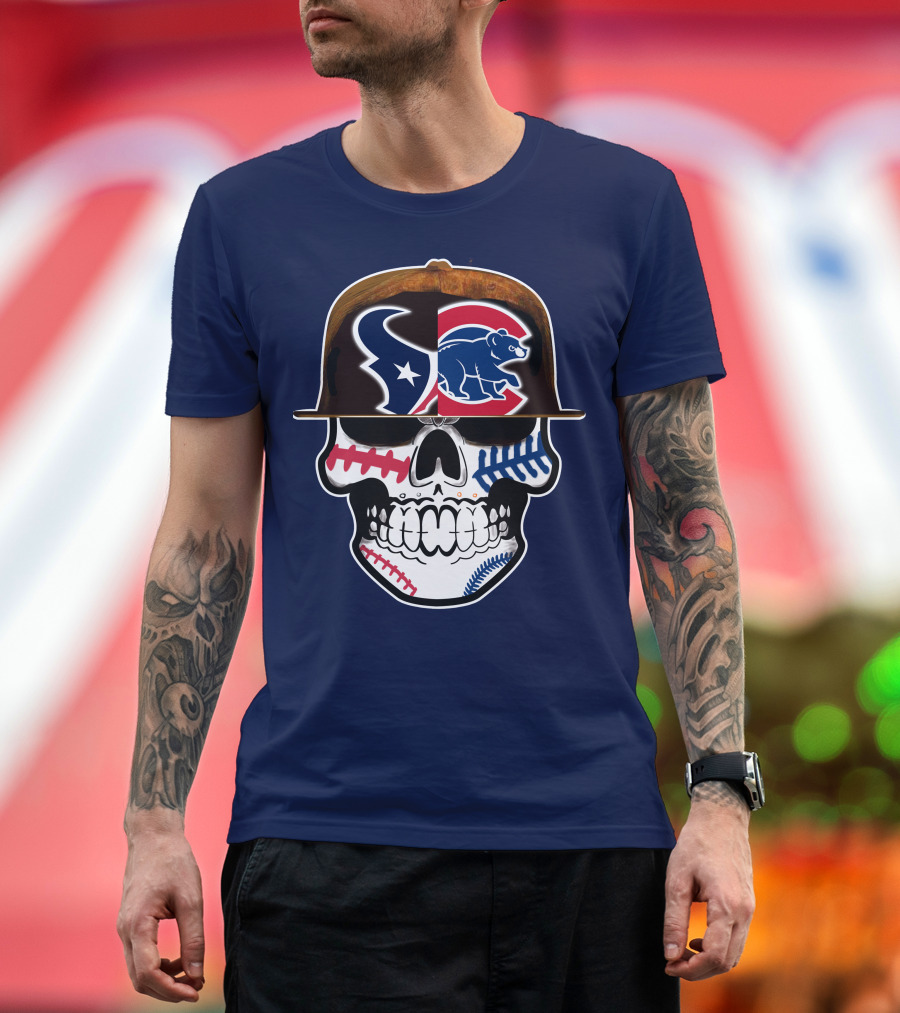 Houston Texans Chicago Cubs Skull Baseball Football Fusion T-Shirt