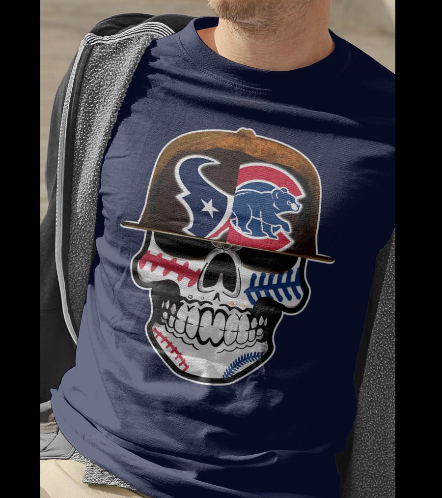 Houston Texans Chicago Cubs Skull Baseball Football Fusion T-Shirt