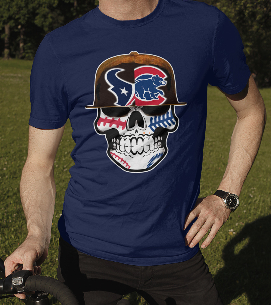 Houston Texans Chicago Cubs Skull Baseball Football Fusion T-Shirt