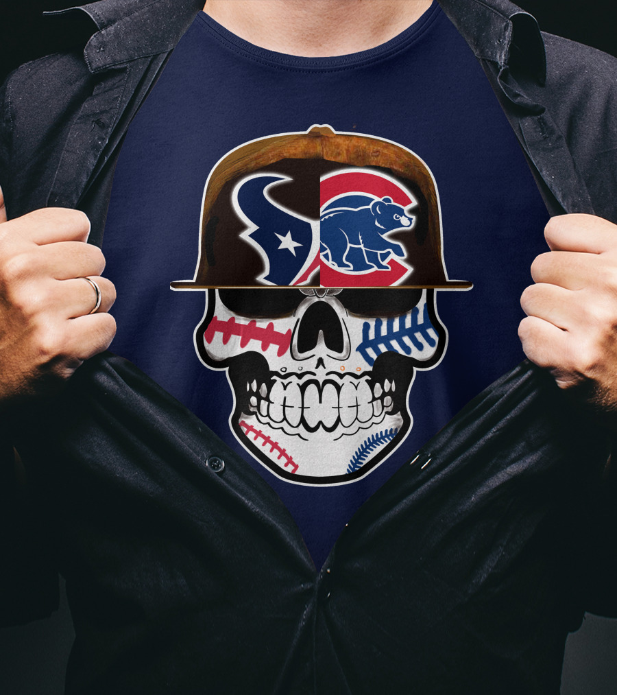Houston Texans Chicago Cubs Skull Baseball Football Fusion T-Shirt
