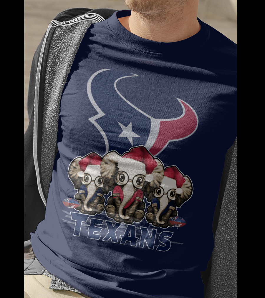 Elephants In Christmas Hats With Houston Texans T-Shirt