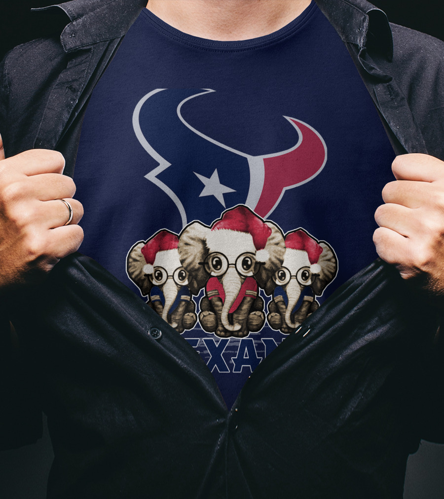 Elephants In Christmas Hats With Houston Texans T-Shirt