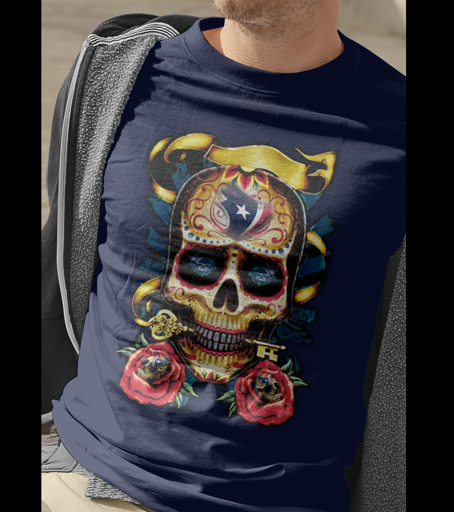 Houston Texans Skull Design With Roses And Key T-Shirt