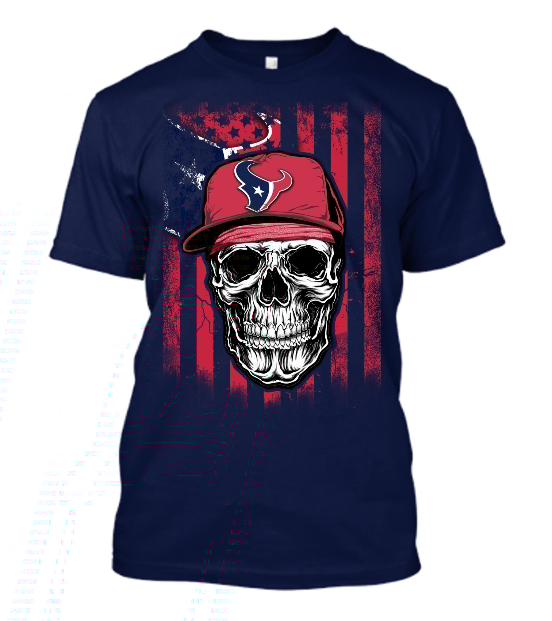 Skull In Houston Texans Hat With American Flag Background T-Shirt