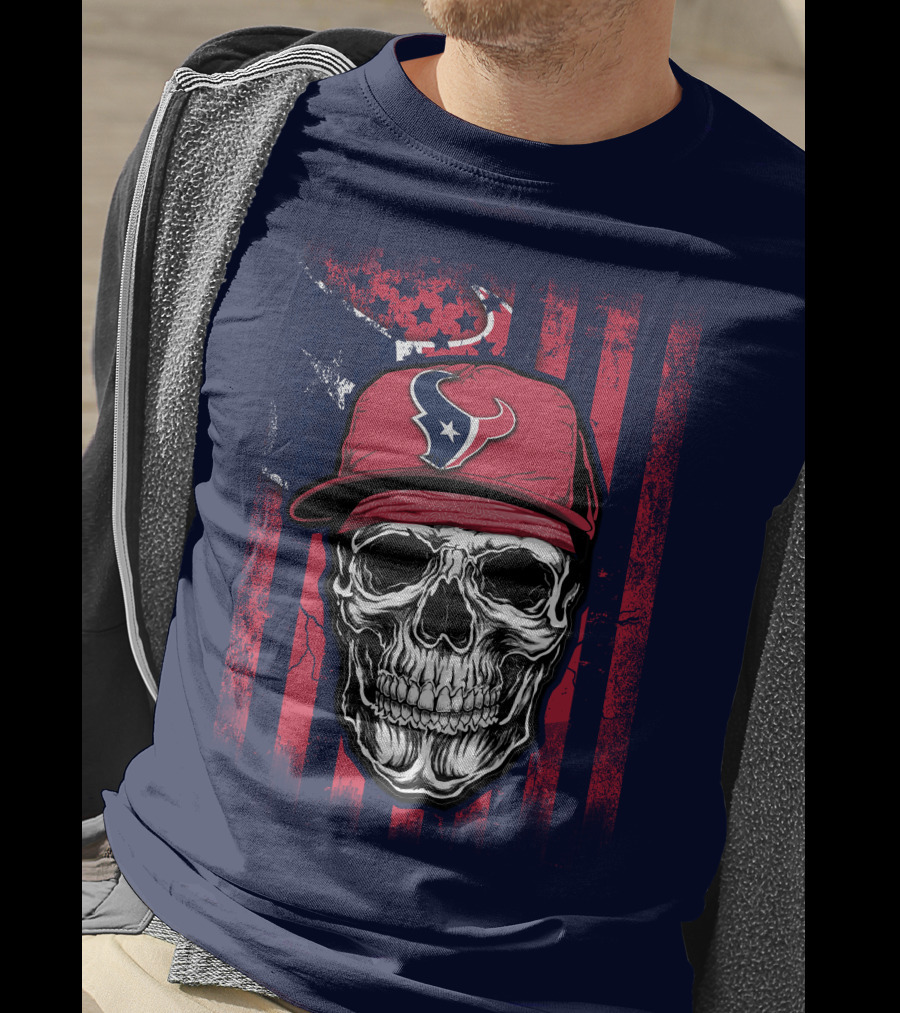 Skull In Houston Texans Hat With American Flag Background T-Shirt