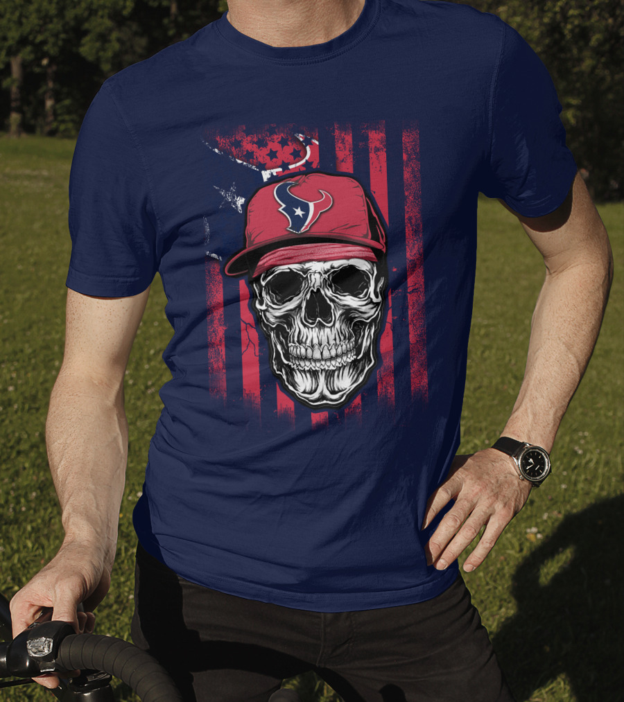 Skull In Houston Texans Hat With American Flag Background T-Shirt