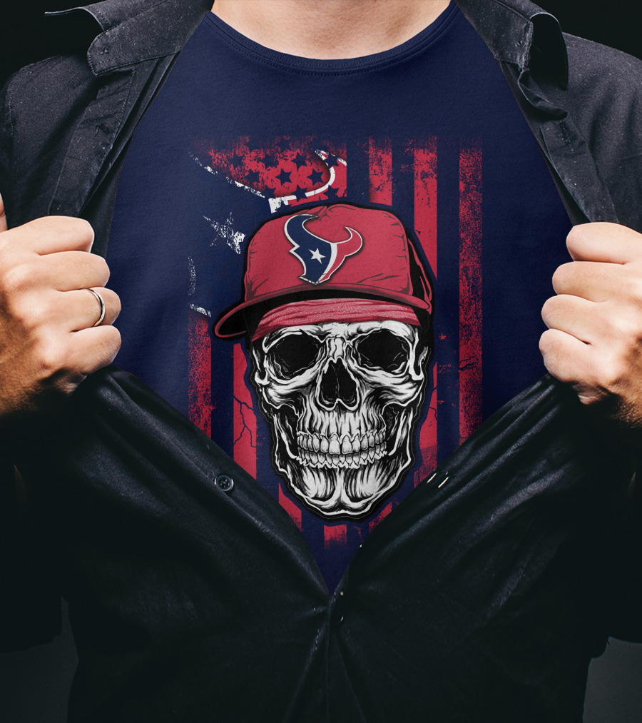 Skull In Houston Texans Hat With American Flag Background T-Shirt