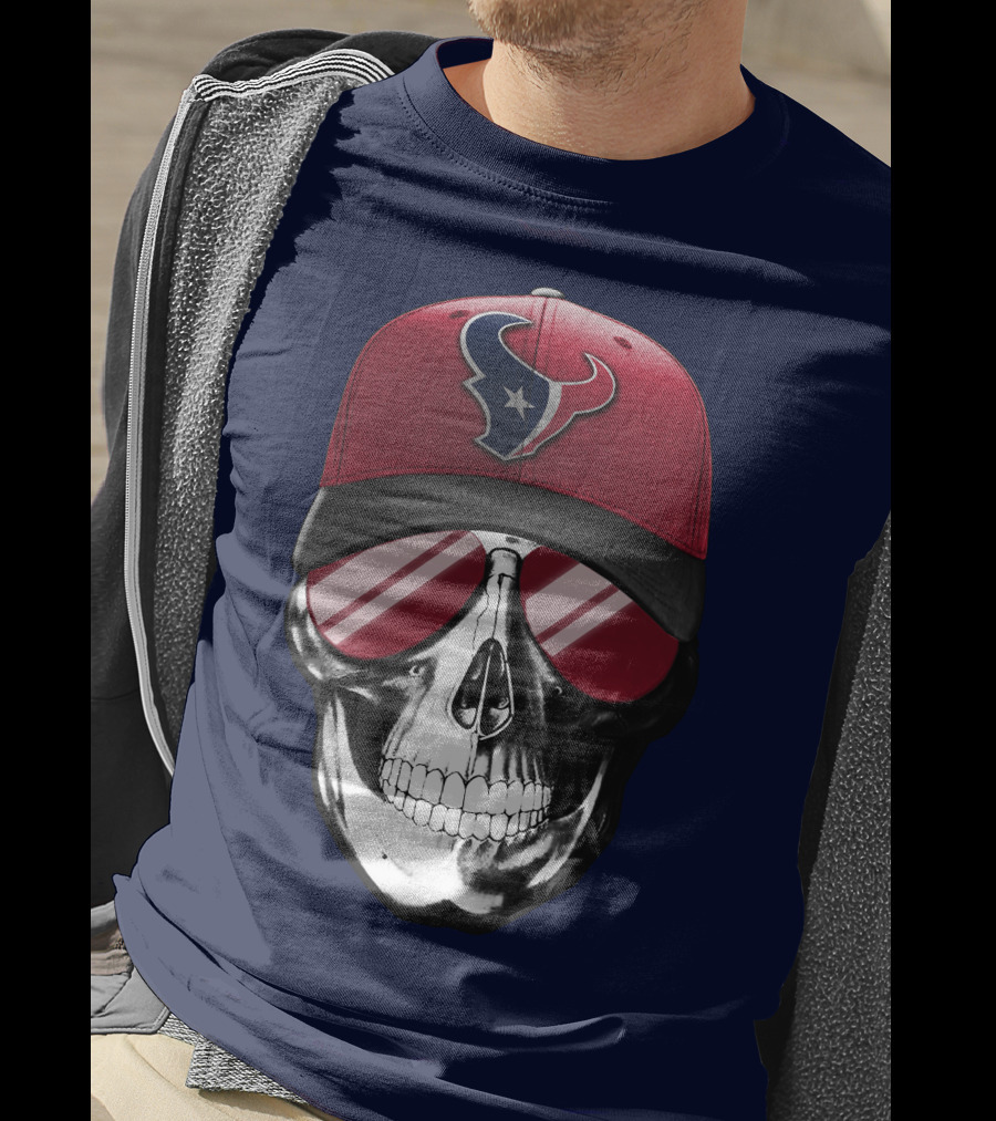 Skull With Houston Texans Logo Hat And Reflective Sunglasses T-Shirt