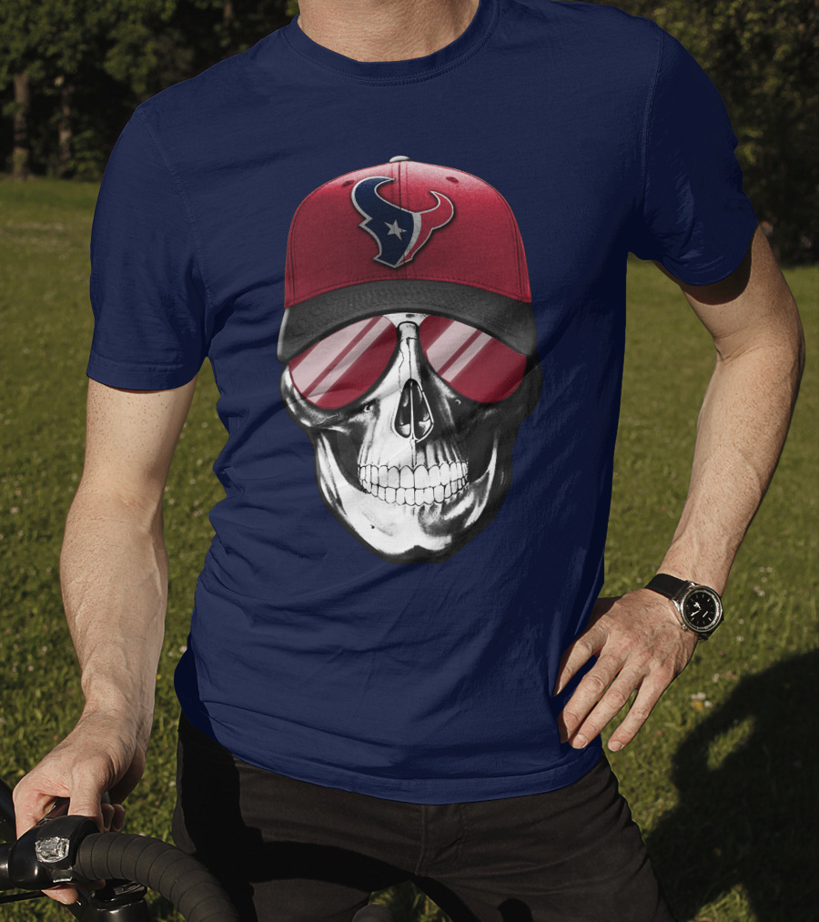 Skull With Houston Texans Logo Hat And Reflective Sunglasses T-Shirt