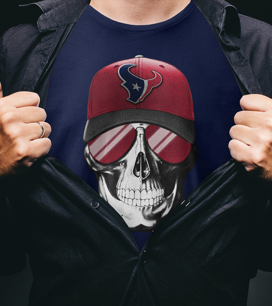 Skull With Houston Texans Logo Hat And Reflective Sunglasses T-Shirt
