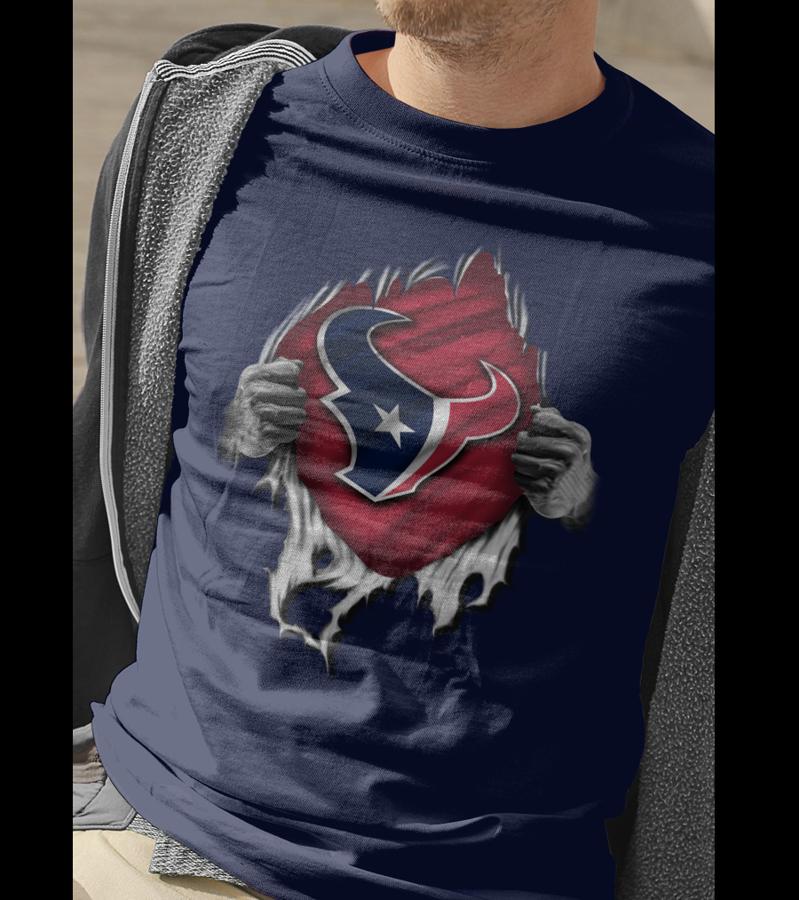 Torn Houston Texans Emblem Revealed Through Superhero Rip Effect T-Shirt