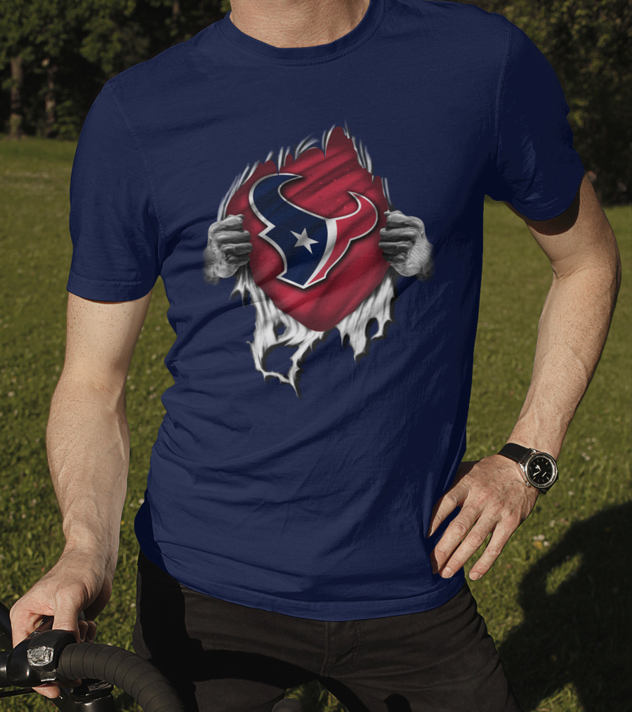 Torn Houston Texans Emblem Revealed Through Superhero Rip Effect T-Shirt