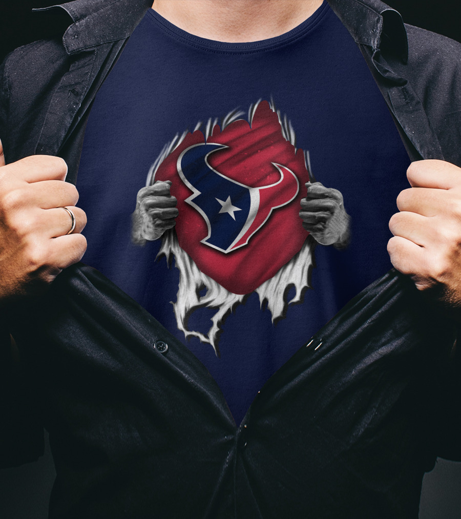 Torn Houston Texans Emblem Revealed Through Superhero Rip Effect T-Shirt
