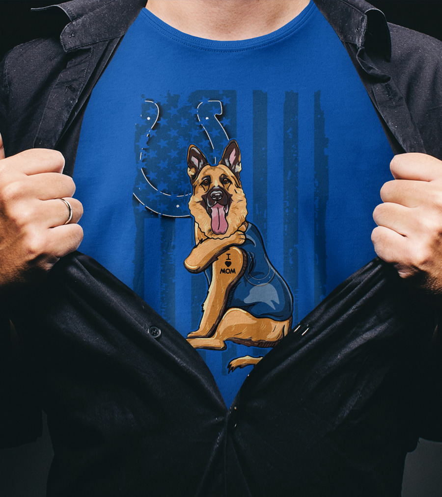 German Shepherd I Love Mom Indianapolis Colts American Flag T-Shirt