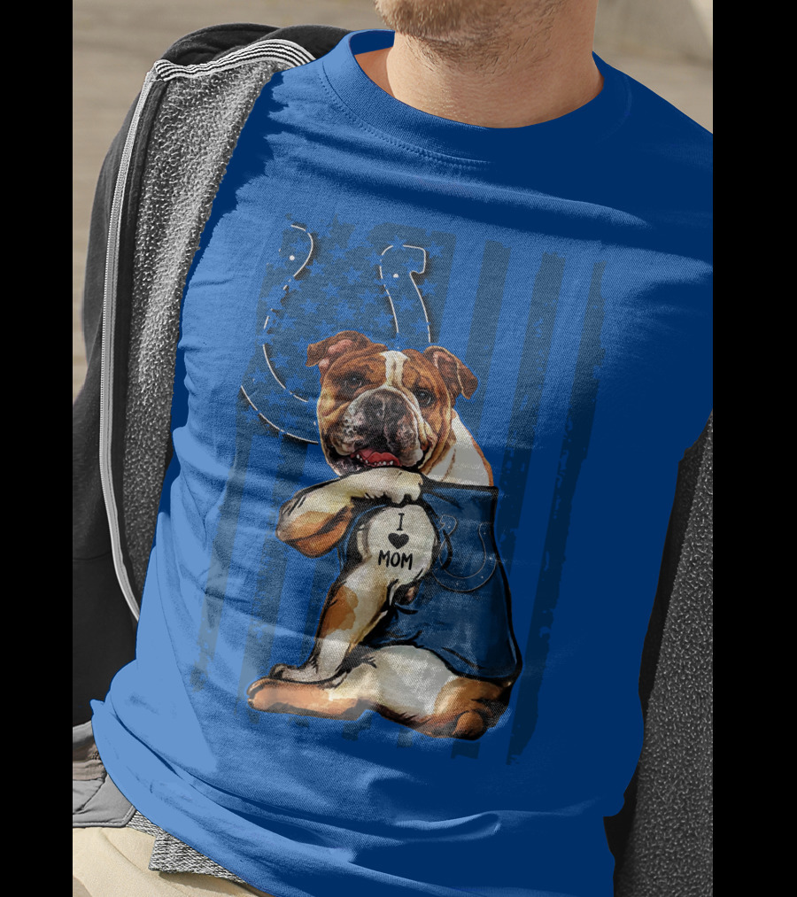 Indianapolis Colts Bulldog I Love Mom American Flag T-Shirt