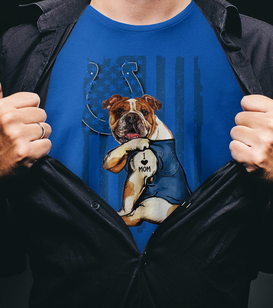 Indianapolis Colts Bulldog I Love Mom American Flag T-Shirt