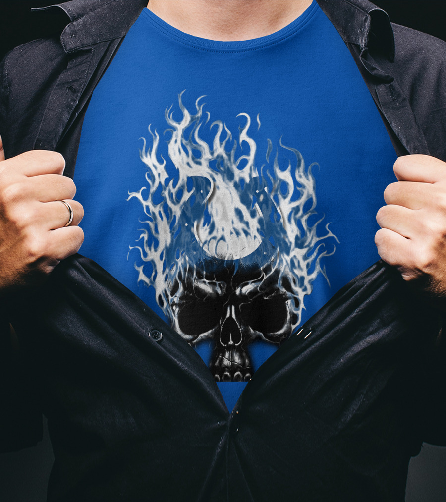 Indianapolis Colts 04 Skull With Horseshoe And Flames T-Shirt