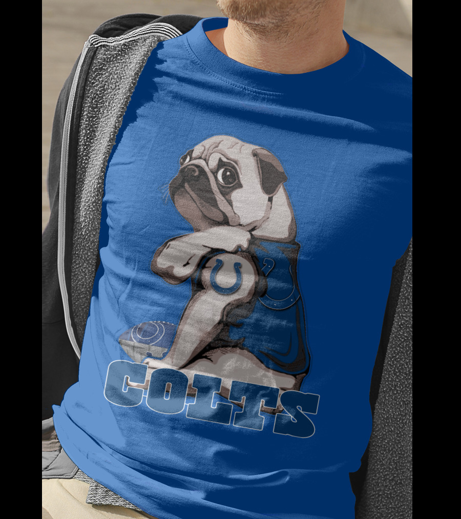 Pug Colts Fan With Blue Football Gear T-Shirt
