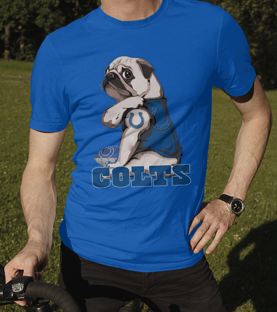 Pug Colts Fan With Blue Football Gear T-Shirt